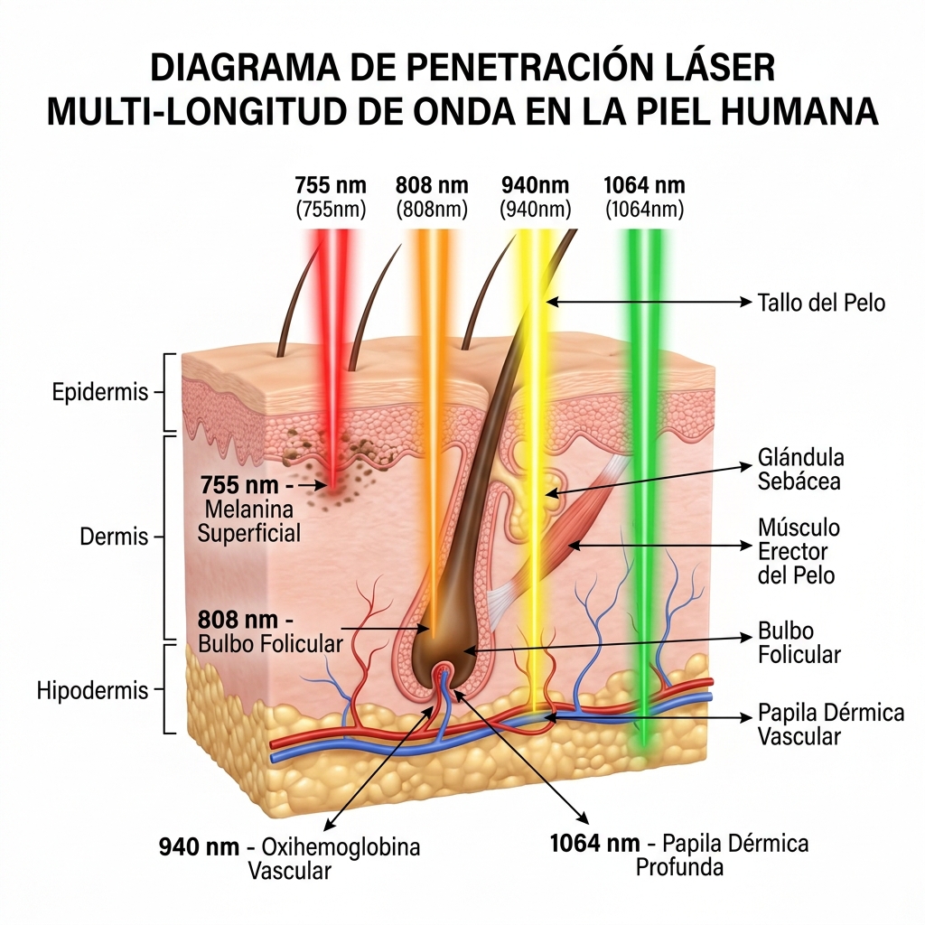 Diagrama 3D biomédico de fototermólisis selectiva cutánea comparando la respuesta tisular terapéutica versus dispersión térmica excesiva con el cabezal activo UltraScan 4D.