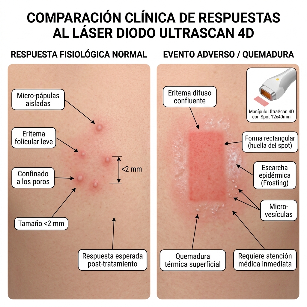 Diagrama 3D comparativo lado a lado de corte de piel: respuesta fisiológica normal versus evento adverso (quemadura confluente y flictena).