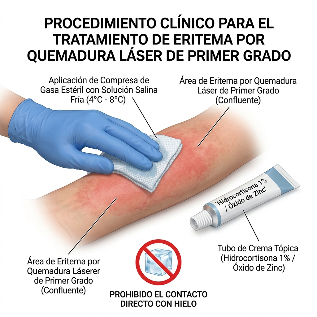 Esquema 3D del protocolo médico de crioterapia indirecta y aplicación tópica para quemadura de 1er grado.