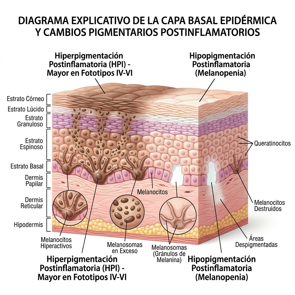 Diagrama 3D histológico comparando hiperpigmentación postinflamatoria (HPI) e hipopigmentación postinflamatoria en la capa basal.