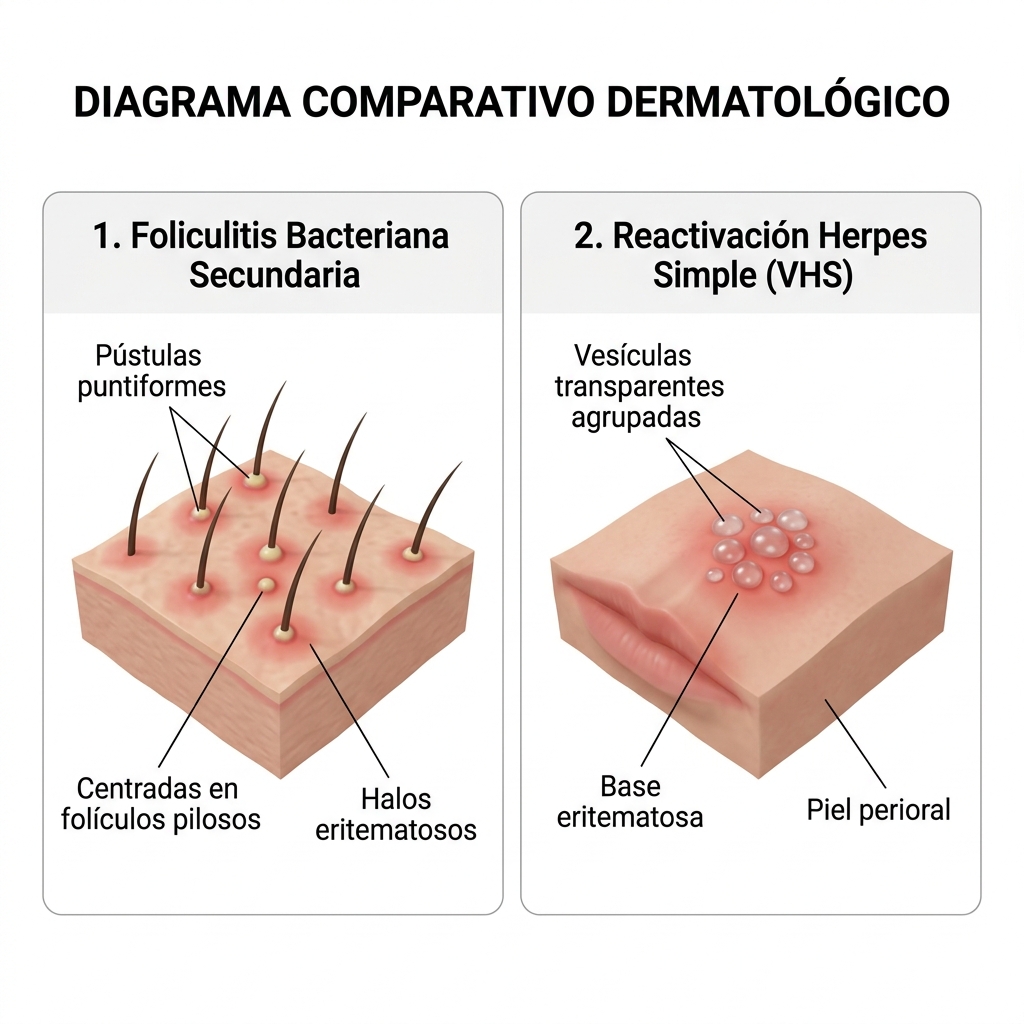 Diferenciación clínica entre foliculitis bacteriana secundaria y reactivación por herpes simple.