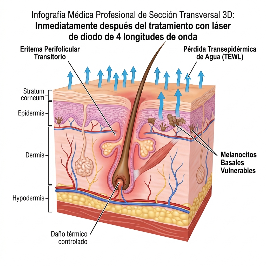 Corte histológico 3D que ilustra la fisiopatología cutánea post-láser: eritema perifolicular, edema y aumento de pérdida transepidérmica de agua (TEWL).