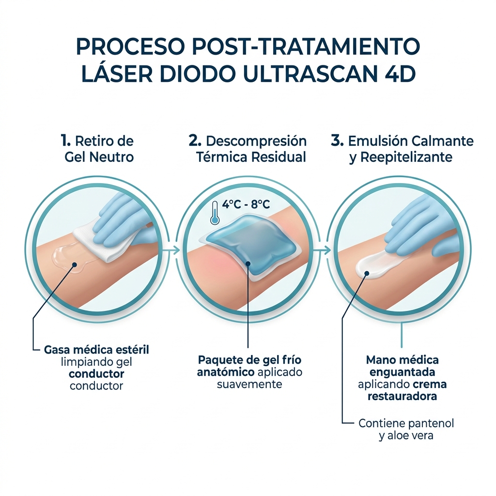 Render 3D del procedimiento inmediato en cabina que muestra la retirada de gel conductor, descompresión térmica con compresa fría y emulsión calmante.