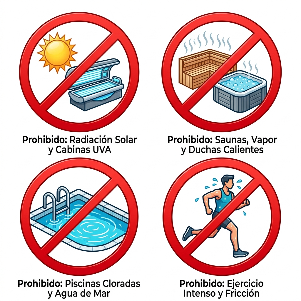 Diagrama 3D de advertencias clínicas con iconos técnicos de restricciones obligatorias durante las primeras 48 a 72 horas.