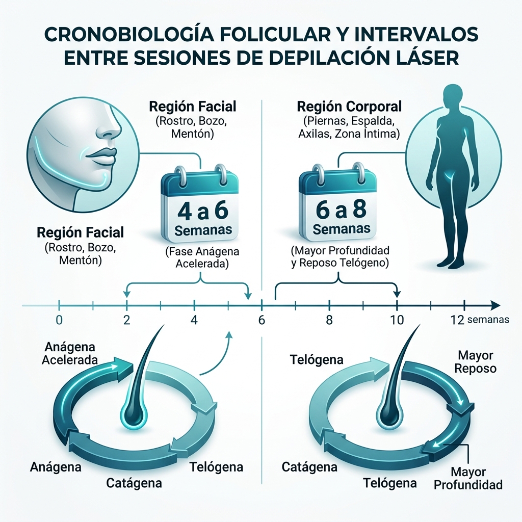 Esquema cronobiológico 3D comparativo de intervalos de tratamiento entre zona facial y zonas corporales según las fases foliculares.
