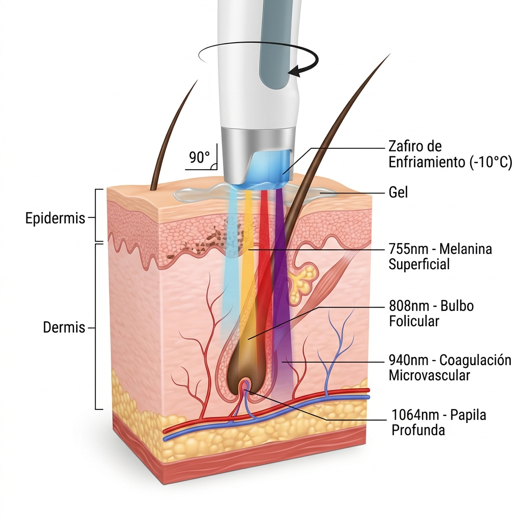 Diagrama biomédico 3D en corte transversal de la piel mostrando la absorción selectiva y penetración de las 4 longitudes de onda (755nm, 808nm, 940nm, 1064nm).