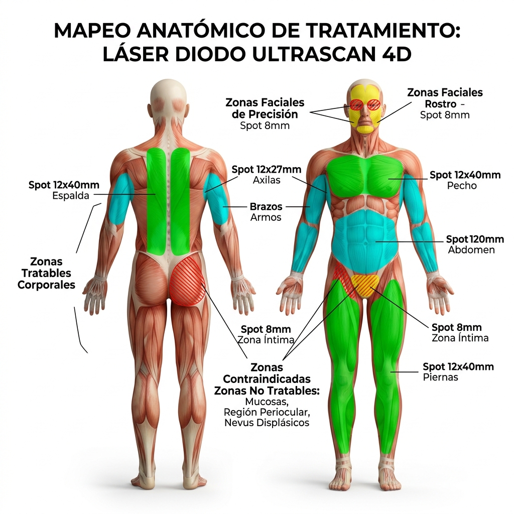Diagrama anatómico esquemático 3D de cuerpo completo (anterior y posterior) con mapeo de áreas tratables, spot recomendado y zonas prohibidas.