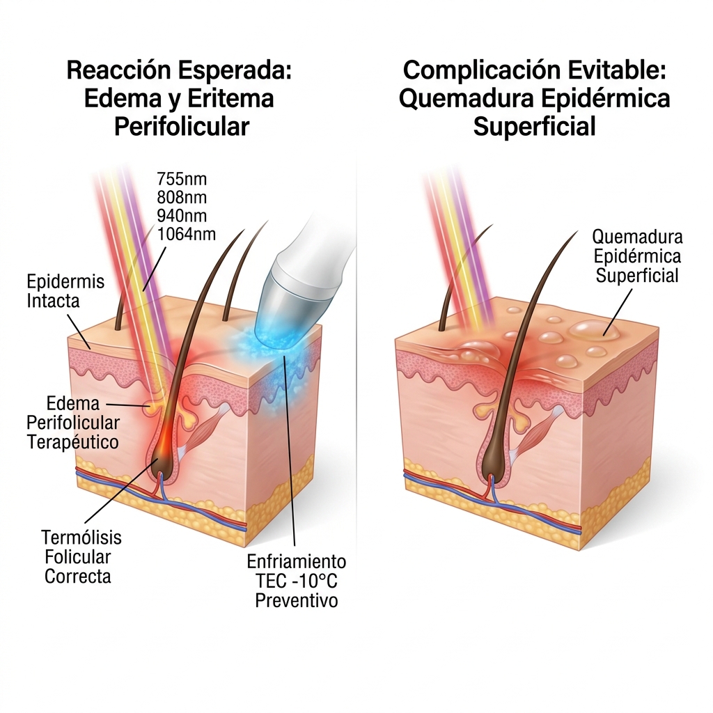 Diagrama 3D biomédico comparativo de corte de piel mostrando el eritema/edema perifolicular esperado frente a complicaciones térmicas.