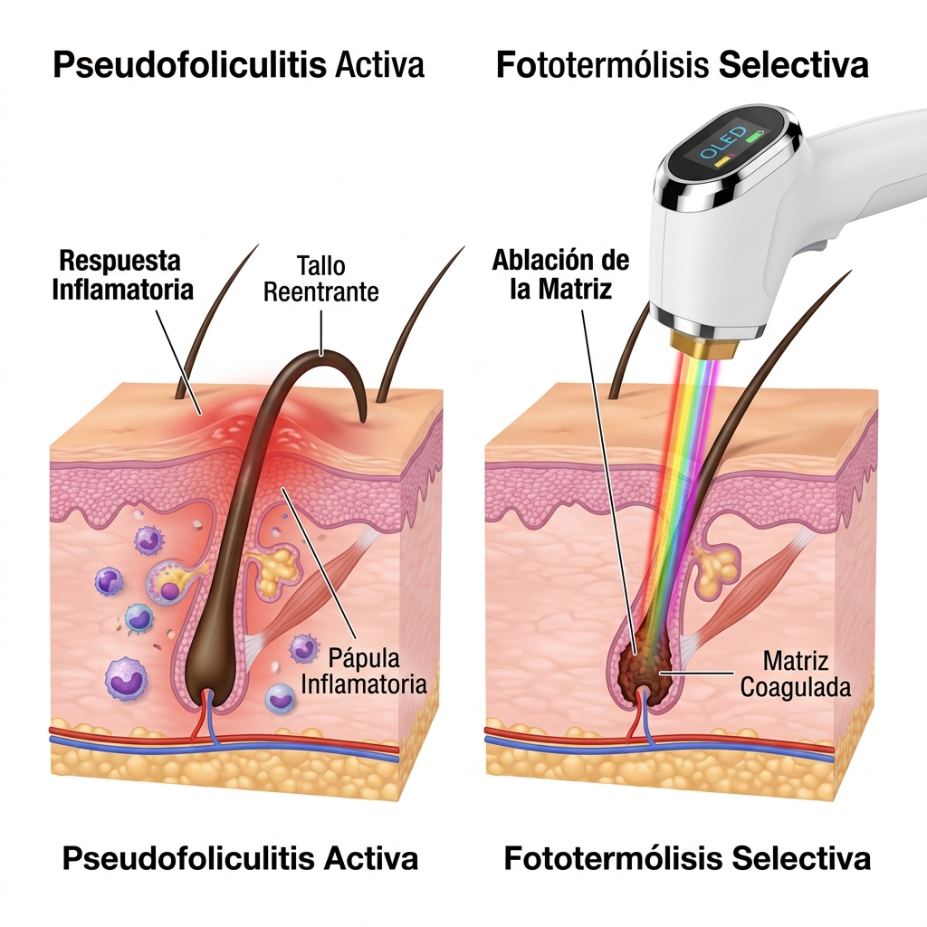 Ilustración médica 3D de un folículo piloso afectado por pseudofoliculitis (pelo encarnado con respuesta inflamatoria) frente a su ablación térmica por láser.