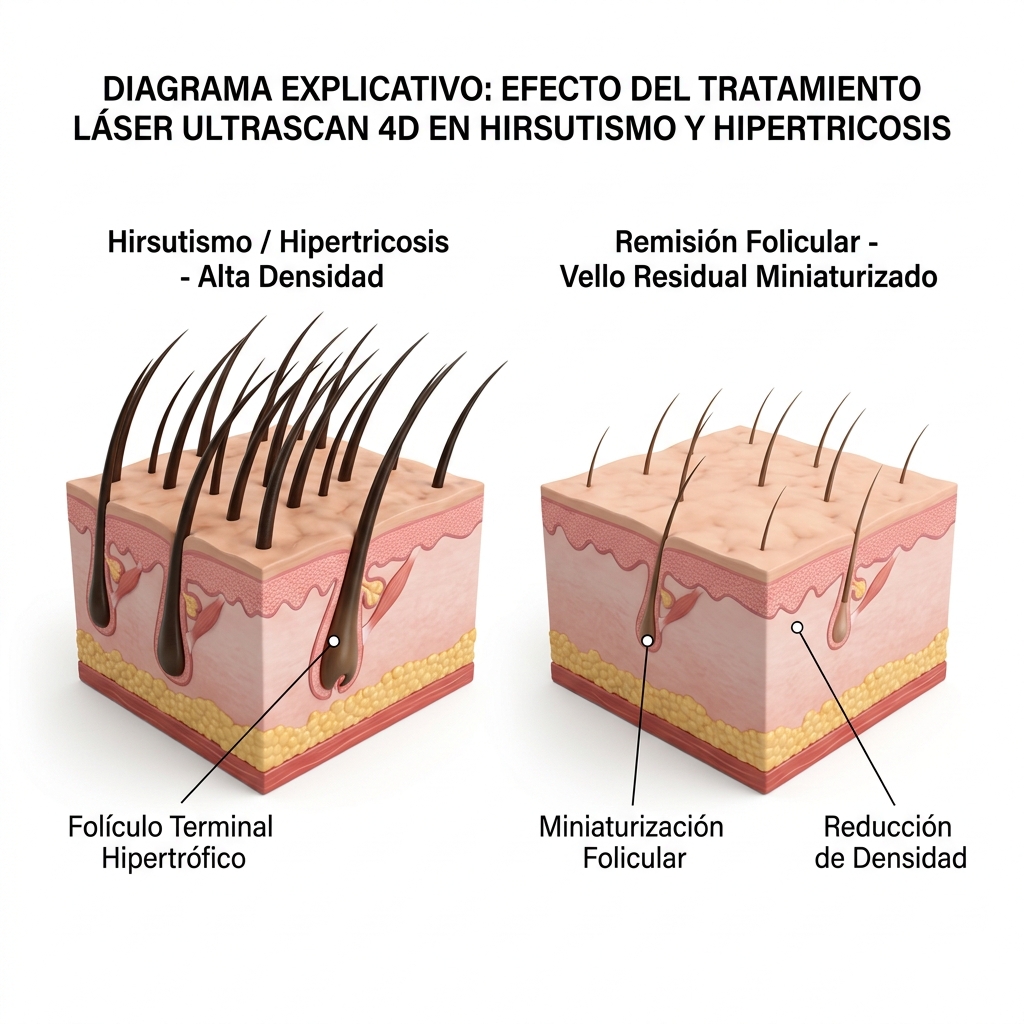 Esquema anatómico 3D que ilustra la densidad folicular terminal y la miniaturización folicular tras el tratamiento.