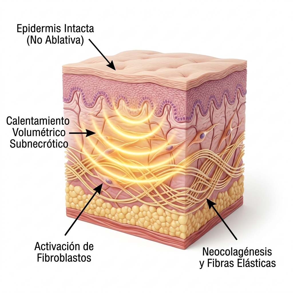 Render 3D de la dermis reticular mostrando la estimulación térmica volumétrica de fibroblastos y neocologénesis inducida por 940 nm y 1064 nm.
