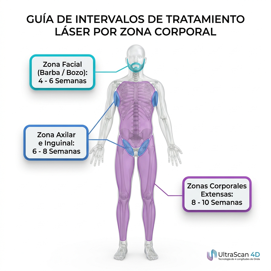 Infografía anatómica 3D del cuerpo humano mapeando los intervalos recomendados de tratamiento entre sesiones por zona corporal.