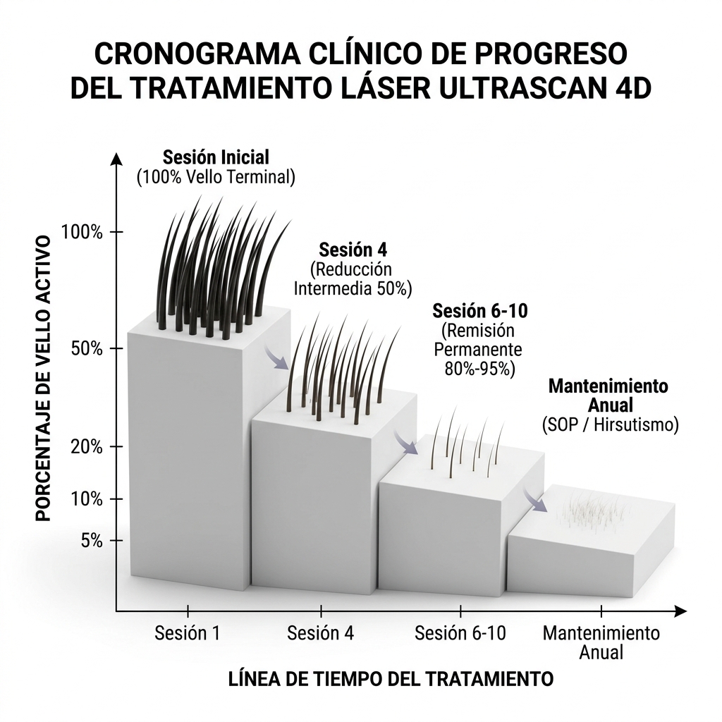 Gráfico 3D conceptual de la curva de remisión folicular a lo largo de 6 a 10 sesiones.