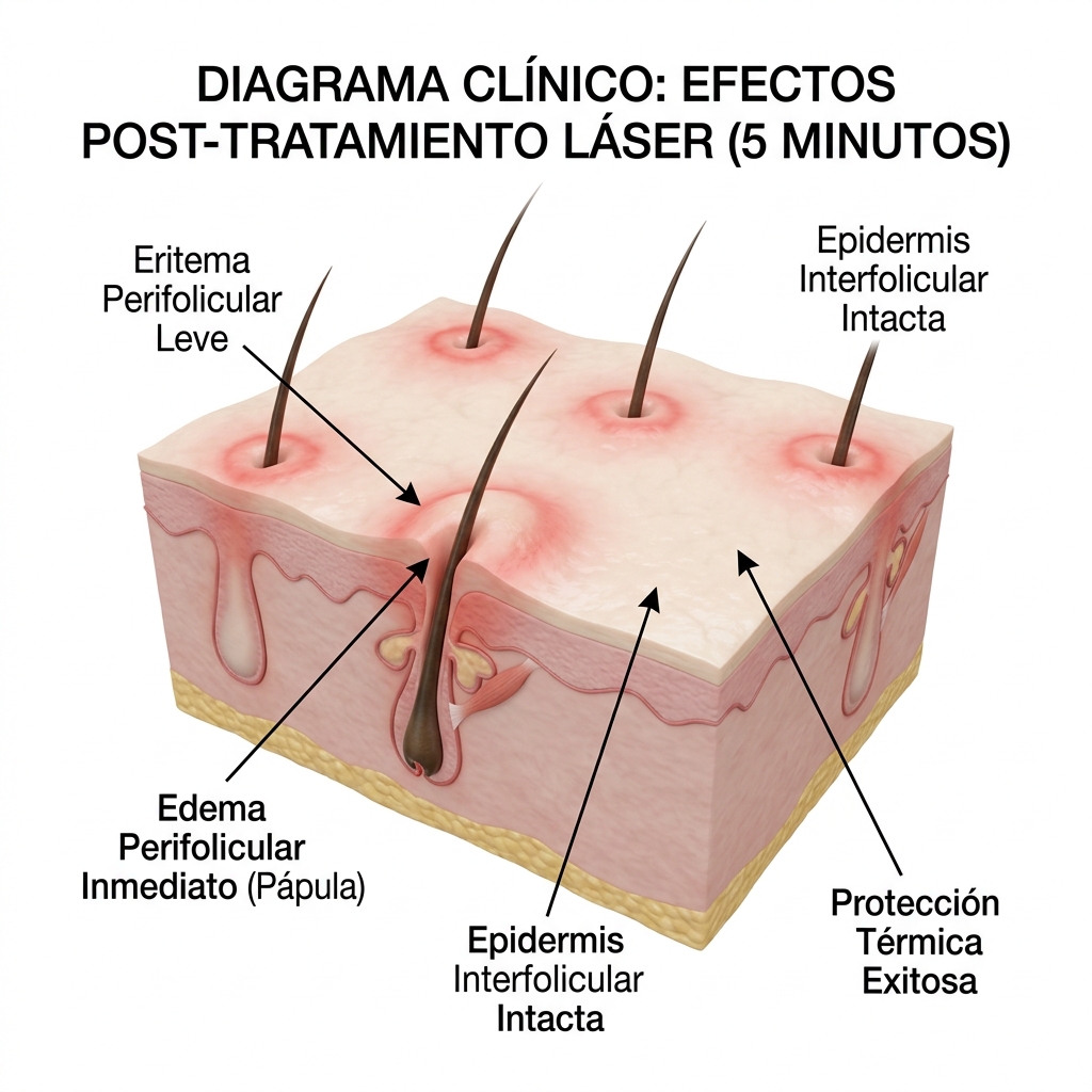 Corte transversal 3D de la piel mostrando el endpoint clínico deseado: eritema perifolicular y edema perifolicular localizado sin daño epidérmico.