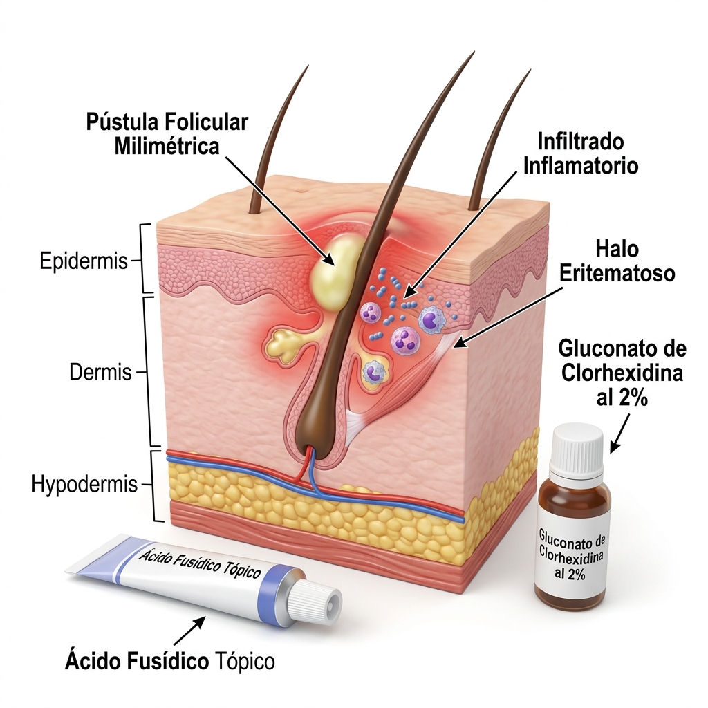 Render 3D de corte de piel mostrando foliculitis bacteriana secundaria y protocolo de desinfección tópica.