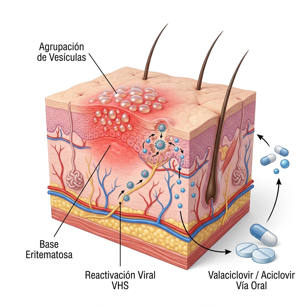 Render 3D dermatológico ilustrando la reactivación vesicular del virus herpes simple sobre base eritematosa.