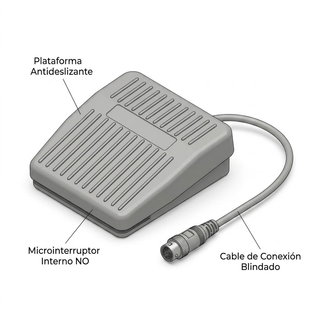 Render 3D del pedal de activación electromecánica con su plataforma antideslizante y cable de conexión rápida.