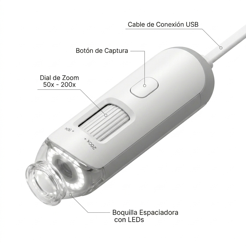 Render 3D del dermatoscopio digital USB orientado en ángulo activo para mostrar la boquilla frontal LED y el dial de aumento.