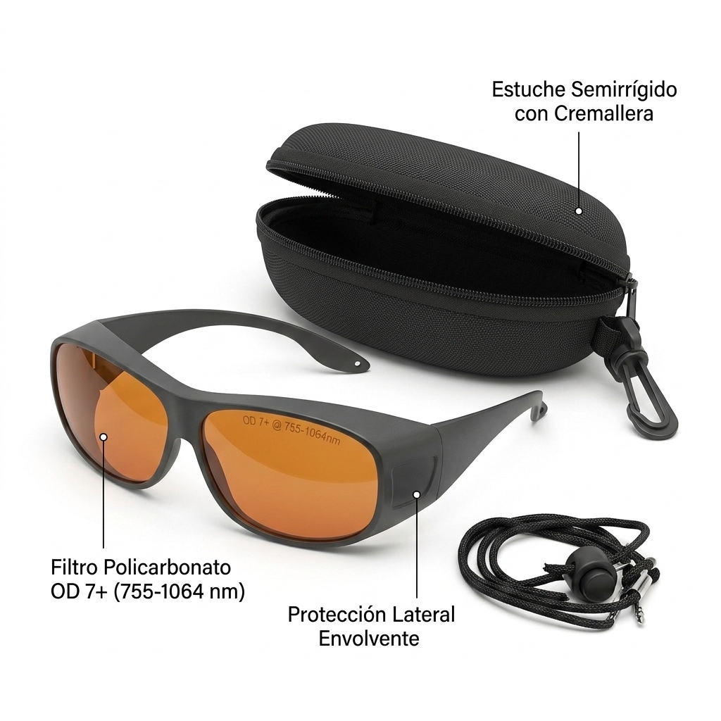 Render 3D de las gafas de protección para el operador con filtro ámbar OD 7+ junto a su estuche y cordón de seguridad.