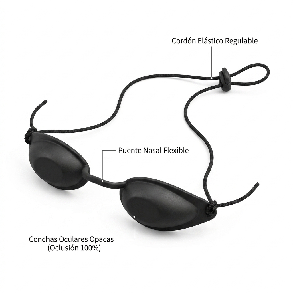 Render 3D de las copas oculares opacas de paciente con puente nasal flexible y tensor elástico.