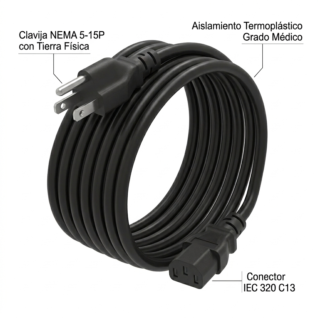 Render 3D técnico del cable de poder industrial mostrando ambos conectores NEMA 5-15P e IEC 320 C13.