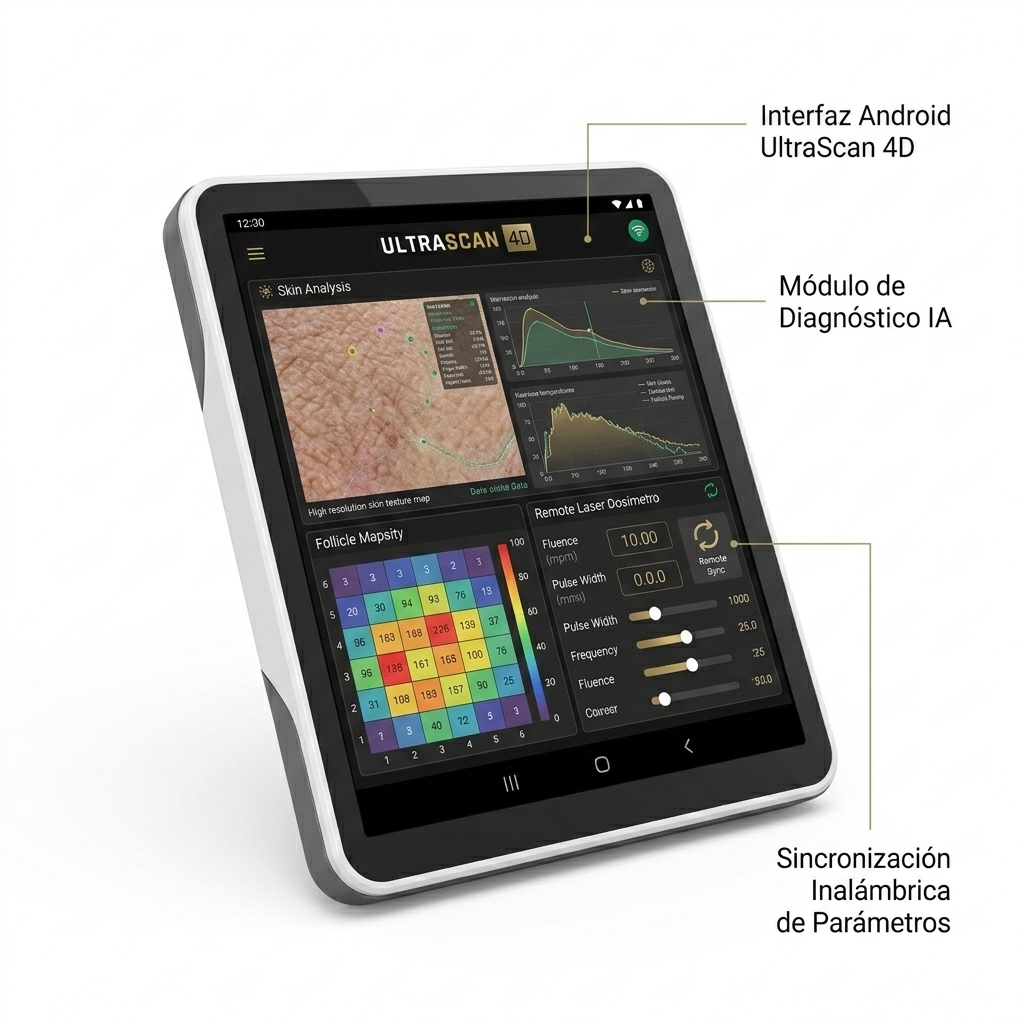Render 3D de tablet médica mostrando la interfaz gráfica de la aplicación Android de diagnóstico por IA de UltraScan 4D.