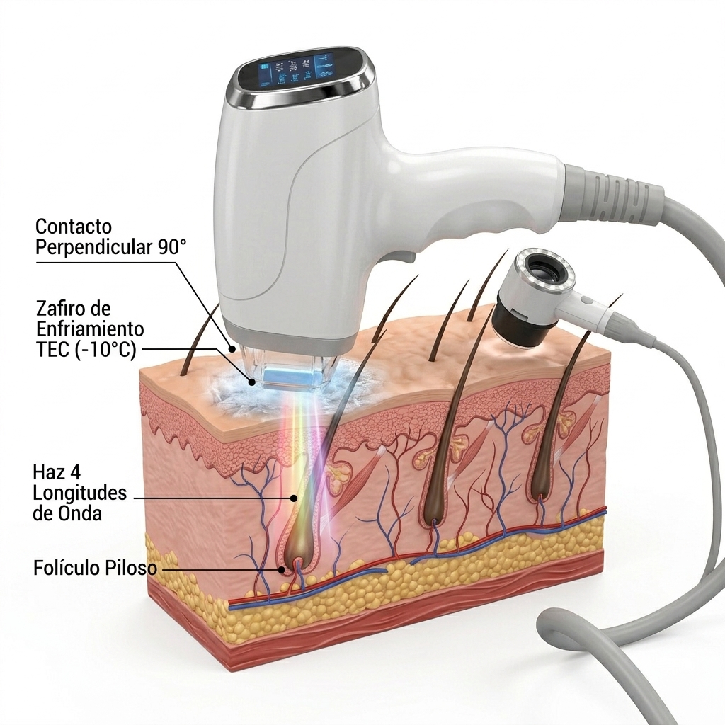 Ilustración clínica 3D del manípulo en posición activa a 90° emitiendo el haz cuádruple sobre corte de piel y dermatoscopio USB.