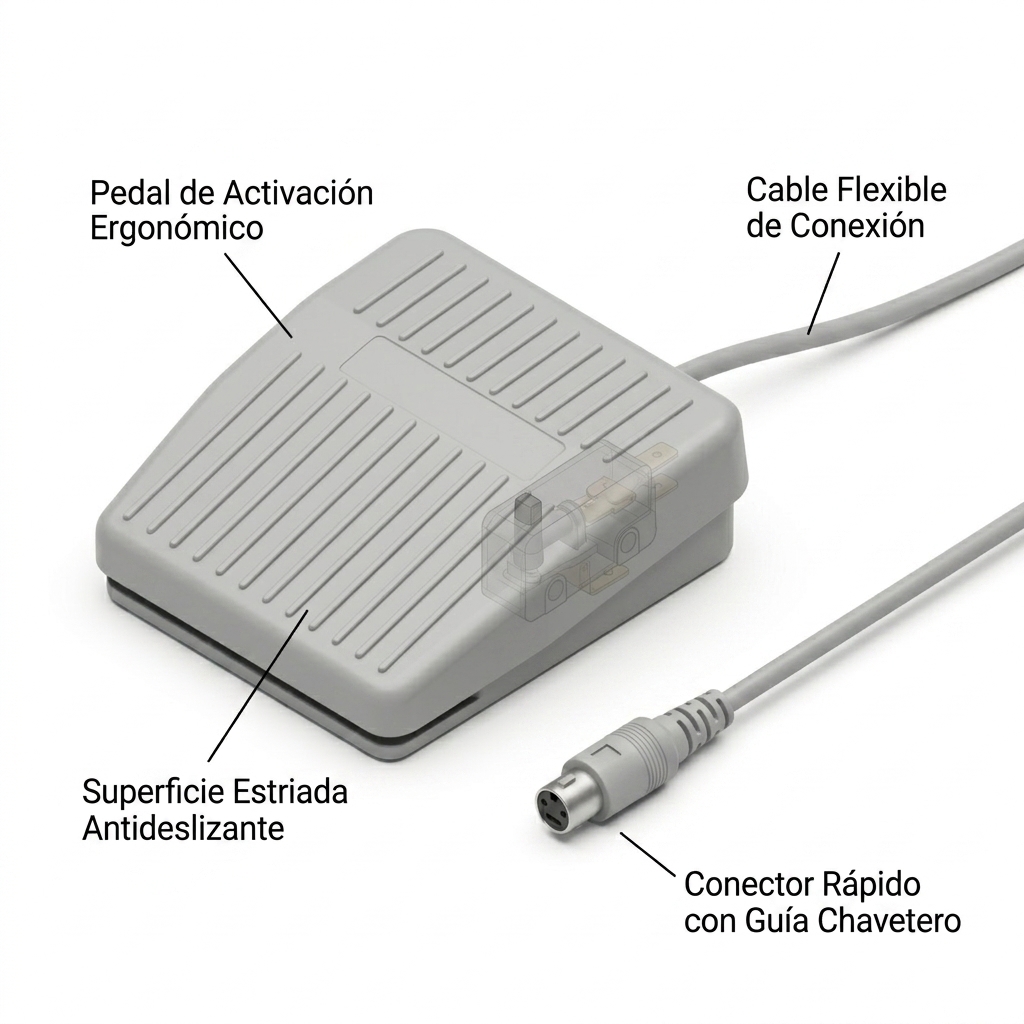 Render 3D del pedal de activación ergonómico con cable y conector rápido.
