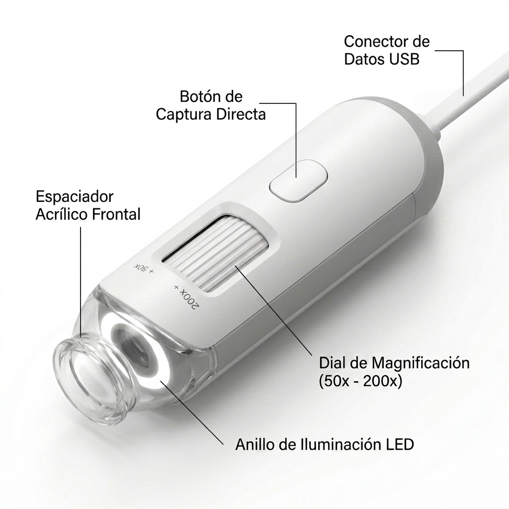 Render 3D de la sonda dermatoscópica digital USB con espaciador transparente y dial de aumento.