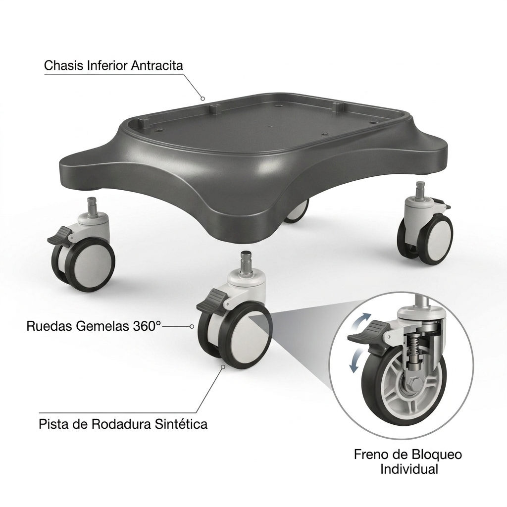 Render 3D de la base rodable, chasis inferior y ruedas gemelas hospitalarias 360° con freno.
