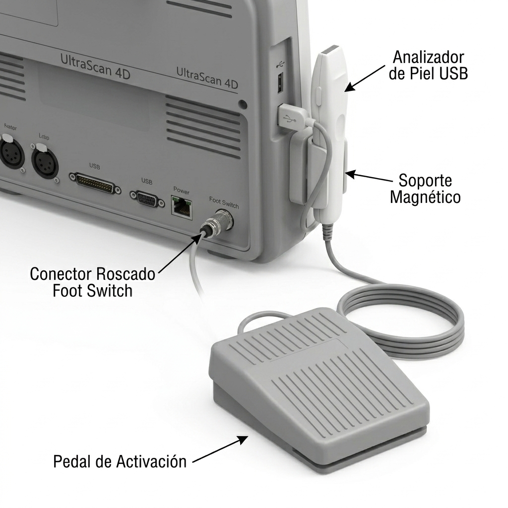 Render 3D de conexionado posterior de periféricos: pedal de activación electromecánico y cámara analizadora dermatoscópica USB.