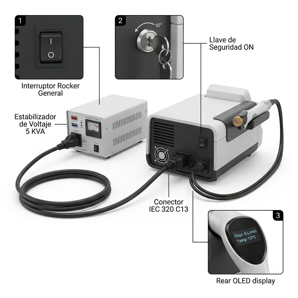 Esquema y render 3D de la cadena de alimentación eléctrica con estabilizador de voltaje de 5 KVA, cable IEC C13 y encendido con llave.