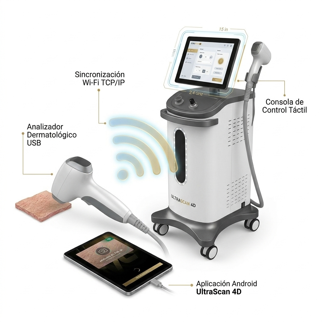 Render 3D de conectividad inalámbrica y sincronización entre la consola UltraScan 4D, la cámara analizadora de piel USB y la app móvil.