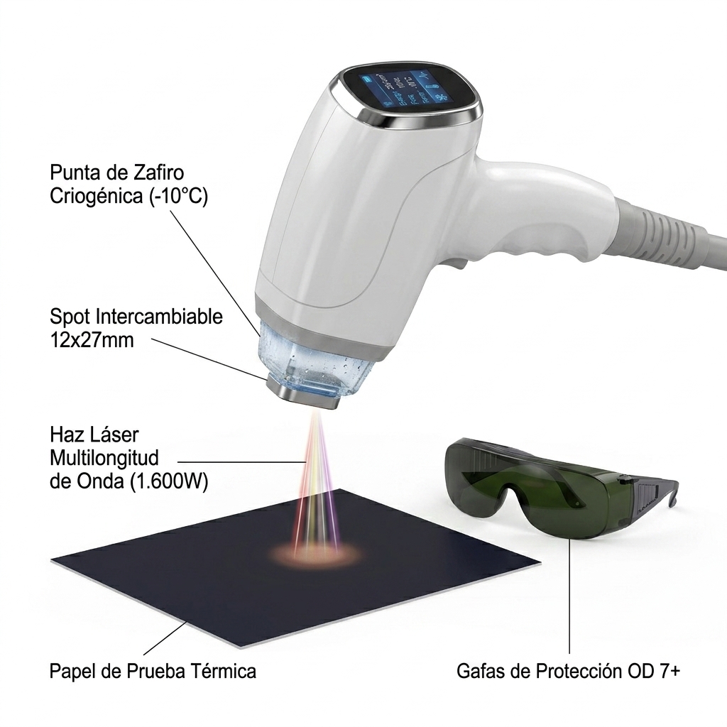Render 3D del manípulo activo en prueba de disparo en vacío sobre papel dermográfico y punta de zafiro con escarcha a -10°C.