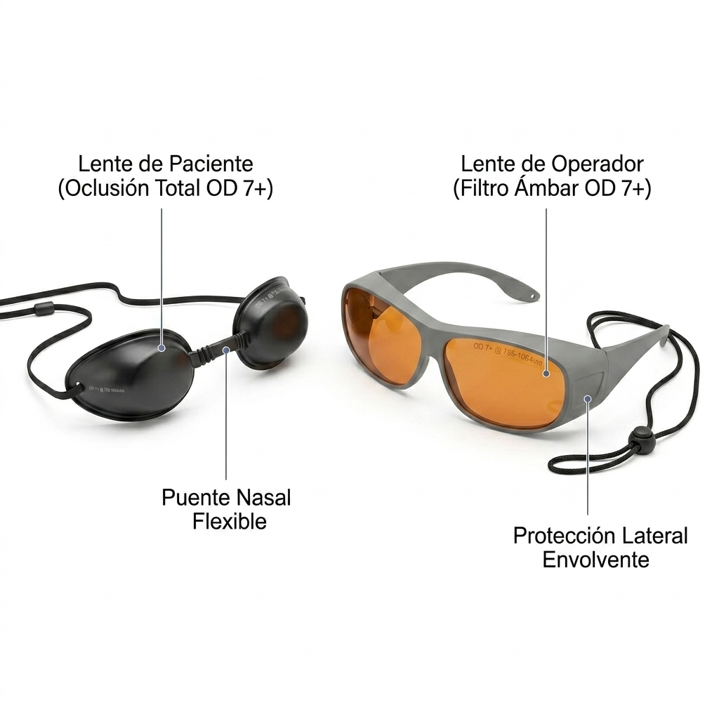 Render 3D técnico de los dos sistemas de protección ocular obligatorios (lentes de paciente y gafas de operador OD 7+).