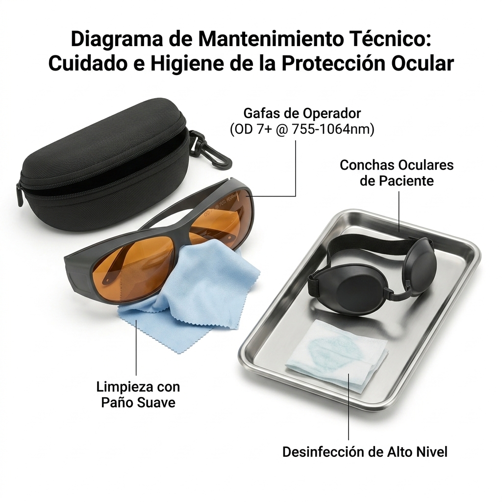 Cuidado, desinfección y almacenamiento seguro de gafas protectoras de operador y conchas oculares de paciente.