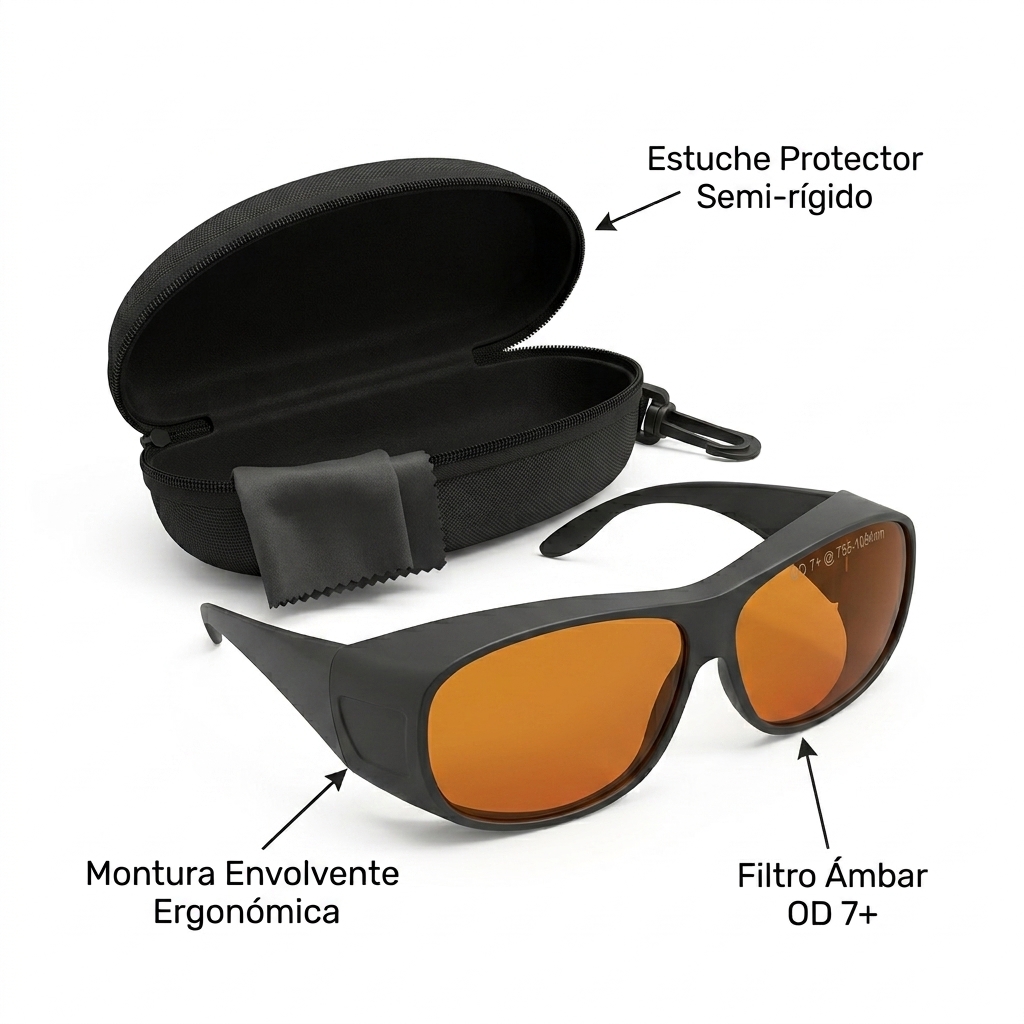 Render 3D de los lentes de protección láser del operador junto a su estuche semi-rígido y paño de limpieza.