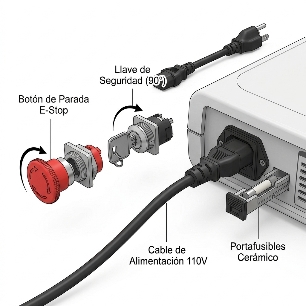 Render 3D de inspección de encendido eléctrico: botón de parada de emergencia, cerradura de llave y enchufe de alimentación con fusible.