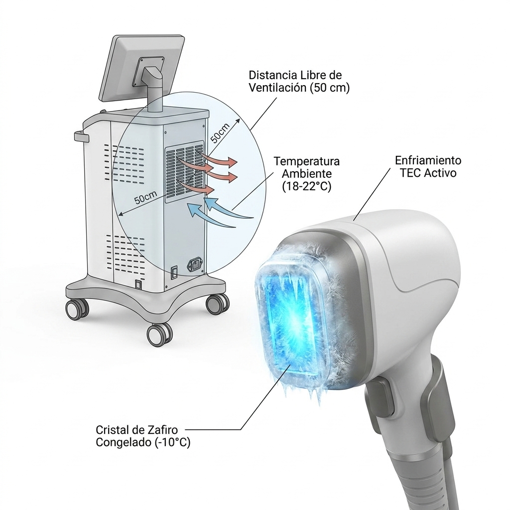 Render 3D del cabezal de zafiro escarchado a -10°C y esquema de ventilación perimetral de la consola.