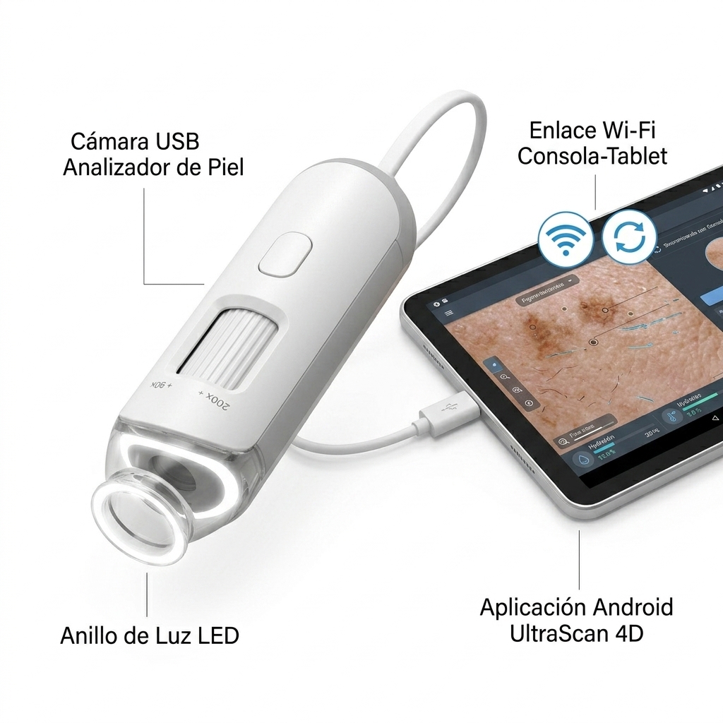 Render 3D del dermatoscopio analizador USB conectado al dispositivo móvil mostrando la interfaz Android de diagnóstico.