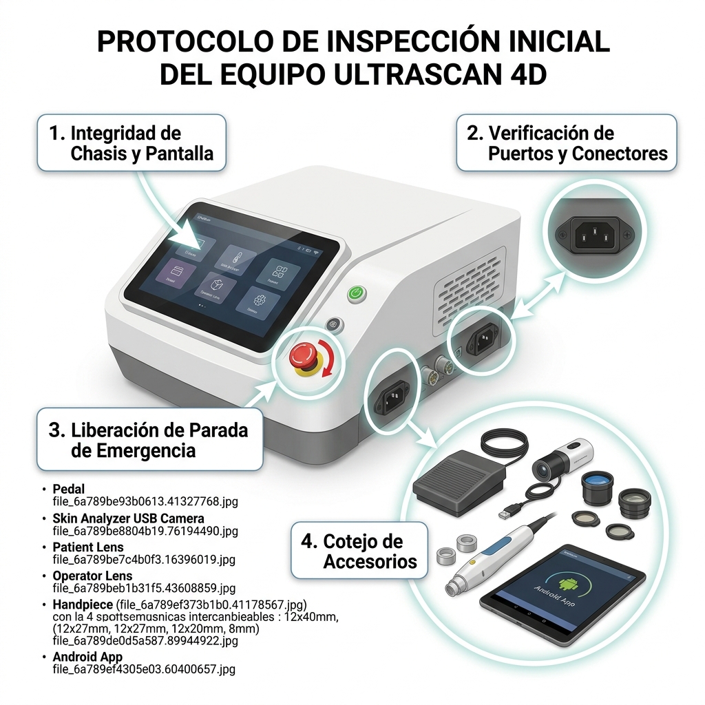 Diagrama esquemático 3D tipo checklist visual de los puntos críticos de inspección de recepción (chasis, conectores, parada de emergencia, accesorios).