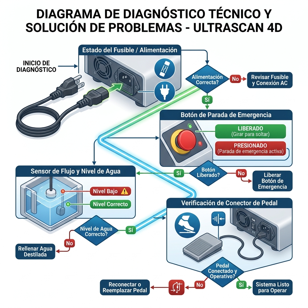 Diagrama 3D esquemático de diagnóstico rápido, revisión de paradas de emergencia, pedal e interlocks.