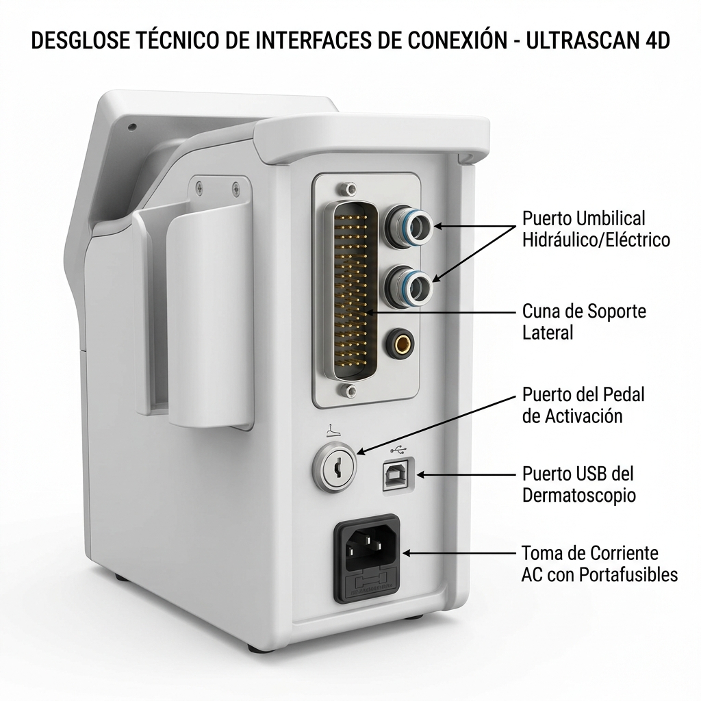 Diagrama técnico de inspección de puertos laterales y posteriores: conector umbilical, cuna, pedal, USB y toma AC.