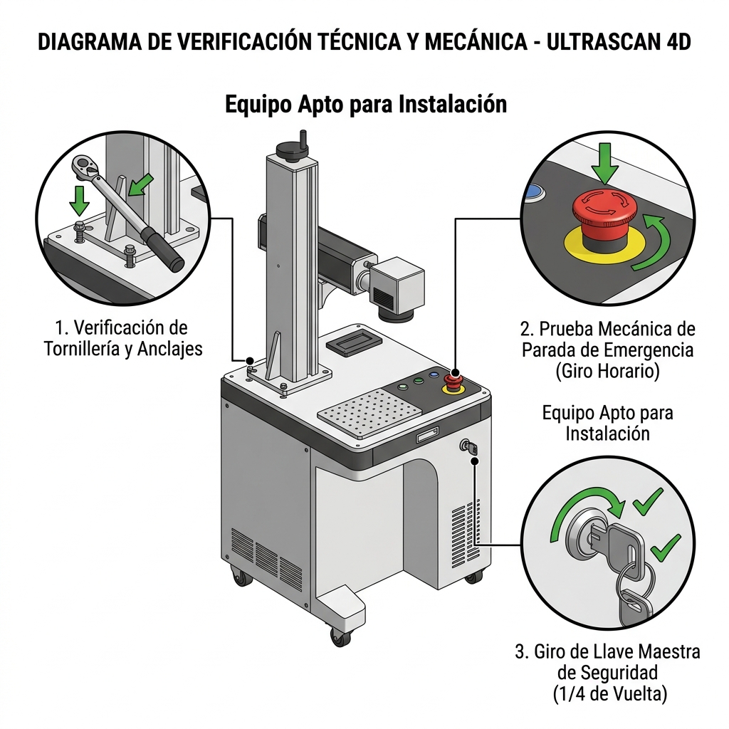 Diagrama de flujo visual y verificación mecánica de puntos críticos: tornillería, E-Stop y llave de seguridad.