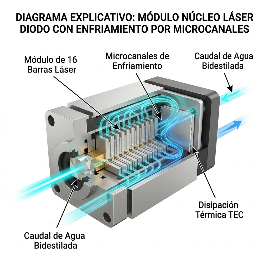 Diagrama 3D conceptual de mantenimiento preventivo mostrando el circuito de diodo láser con 16 barras y flujo de refrigeración interno.
