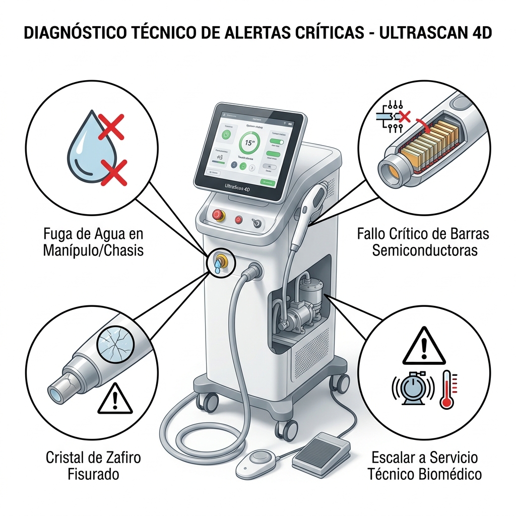 Esquema técnico 3D de advertencia de condiciones críticas no recuperables que requieren servicio técnico biomédico.